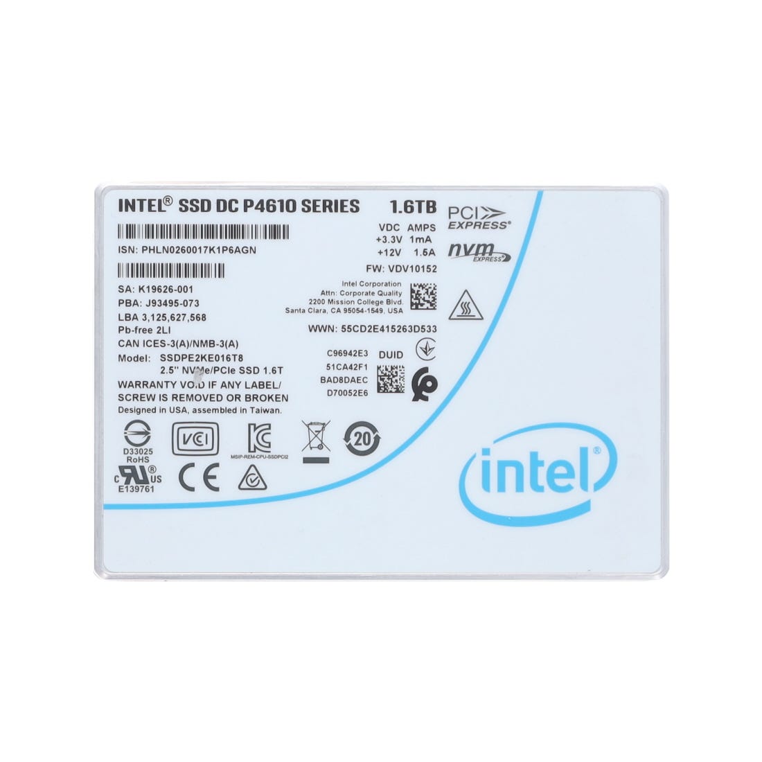 Intel P4610 1.6TB PCIE 2.5" SSD
