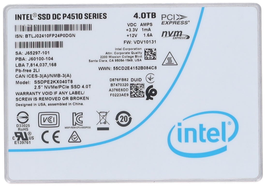 4TB NVMe Intel U.2.5" SSD 3D TLC SED DC P4510